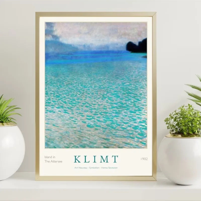 Gustav Klimt Art Print Exhibition Poster Farmhouse Birch Tree Pond Landscape Canvas Painting Wall Art for Living Room Home De Peaceful Pleasures Health and Wellness