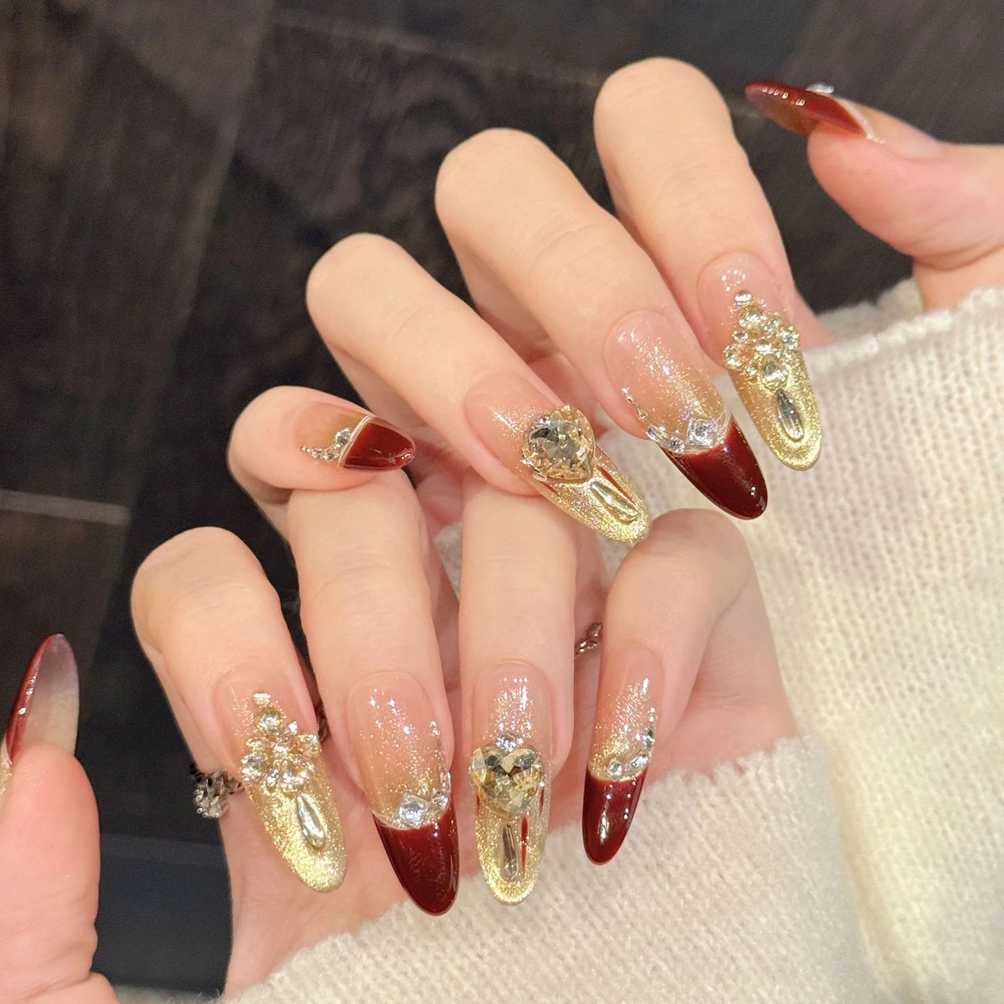 10pcs Glitter Cat's Eye Press On Nails | French Almond Tips
