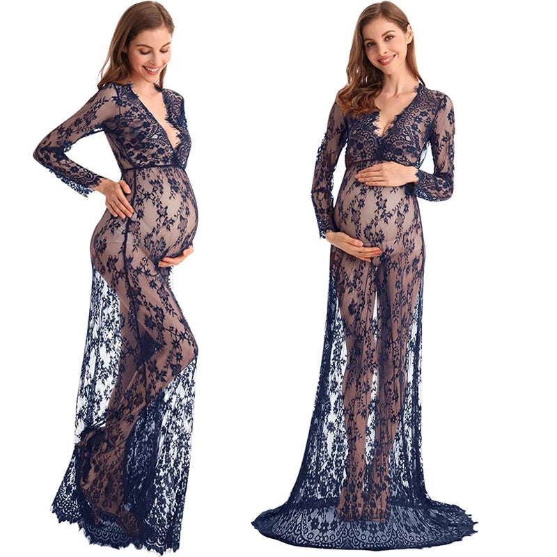 Sexy Deep V-Neck Long Sleeve Lace Beach See-Through Maternity Maxi Dress Douche de bébé Photographie de vêtements de maternité Peaceful Pleasures Health and Wellness Dark blue S China Mainland