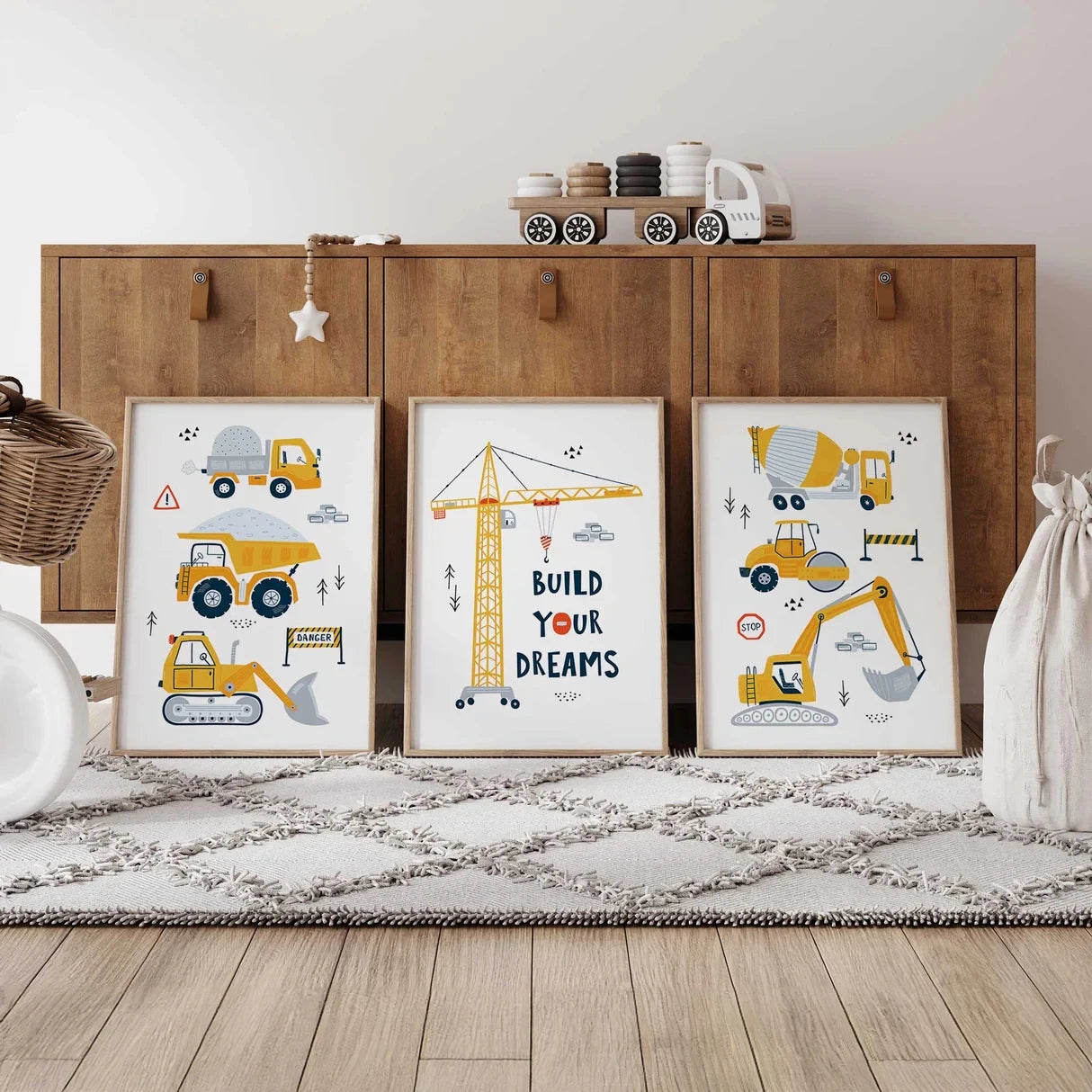 3-Piece Construction Vehicles Canvas Wall Art | Kids Room Decor