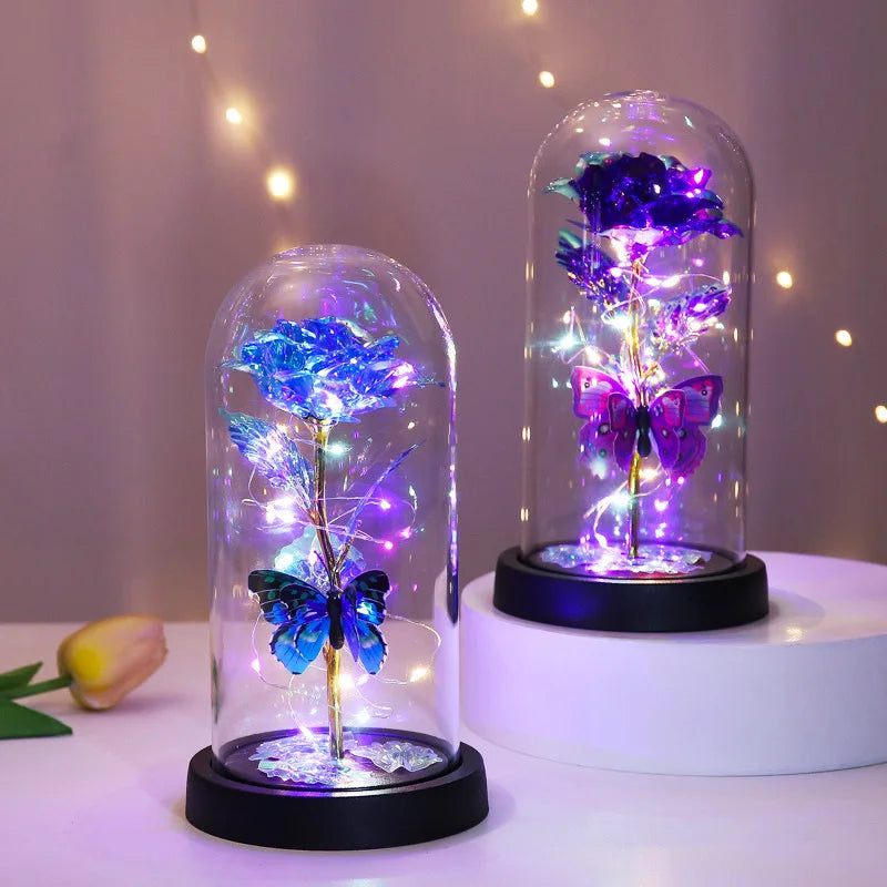 Glass Cover Rose Immortality Flower with Lamp Qixi Valentine's Day Gift Creative Decoration Decorations Peaceful Pleasures Health and Wellness