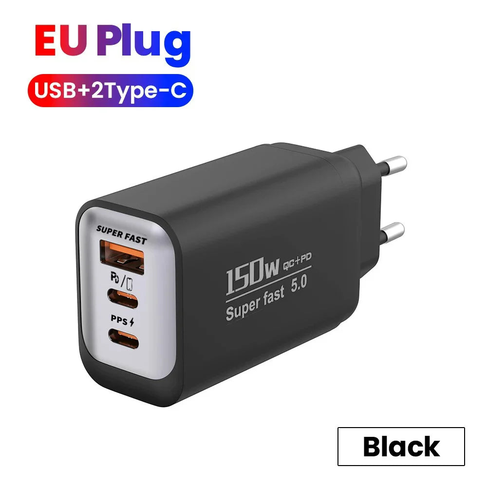 150W USB-C 3-Port Fast Charger PD QC3.0 | EU UK US Travel Plug