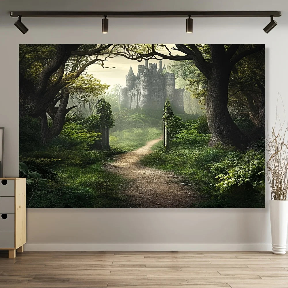 Gothic Medieval Castle Misty Forest Canvas Wall Art | Unframed Canvas Wall Art Peaceful Pleasures Health and Wellness