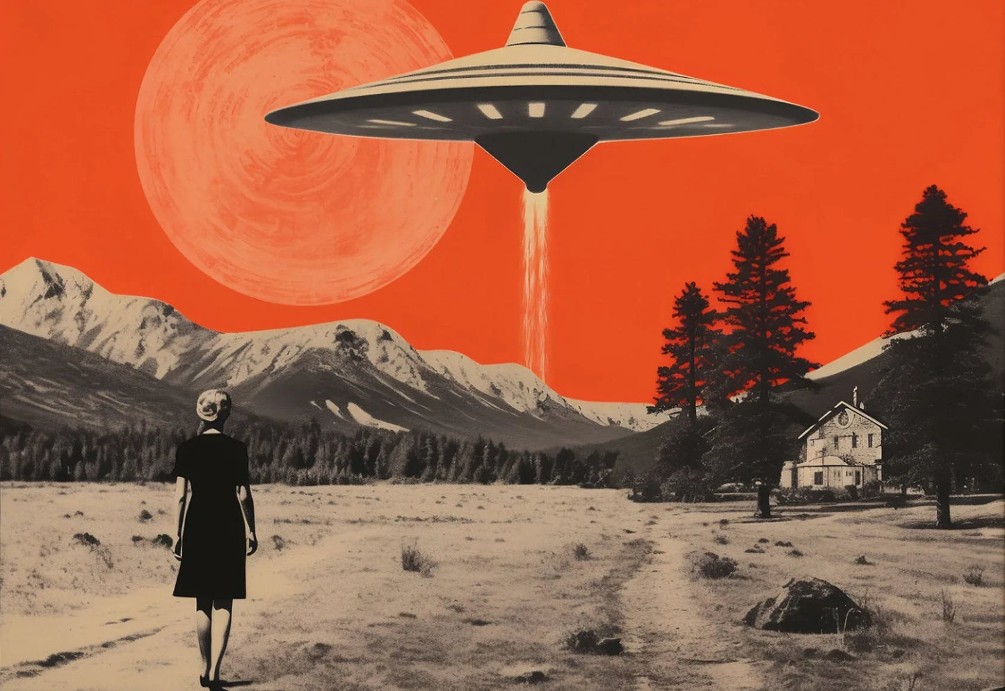 UFO Alien Cow Abduction Canvas Print | Retro Sci-Fi Wall Art Canvas Wall Art Print Peaceful Pleasures Health and Wellness