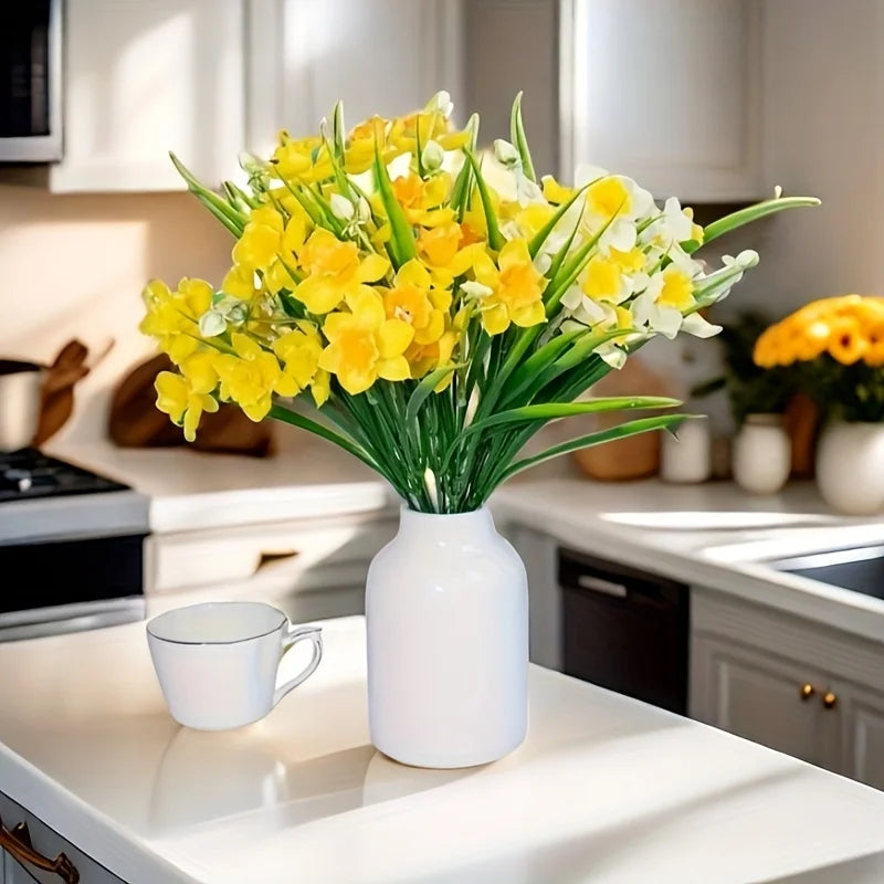 White Yellow Faux Daffodil Bouquet – Artificial Narcissus Flowers