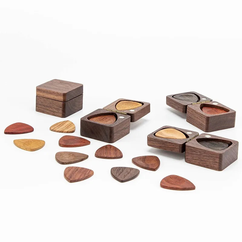 Wooden Guitar Picks Box Pick Storage Walnut Square Gift-box Musical