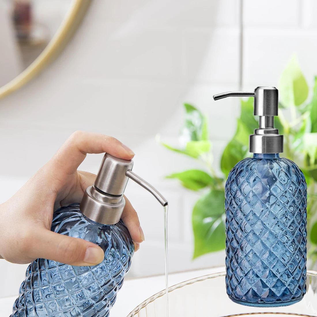 480ml Glass Soap Dispenser – Gem Pattern, Rust-Proof Pump Peaceful Pleasures Health and Wellness