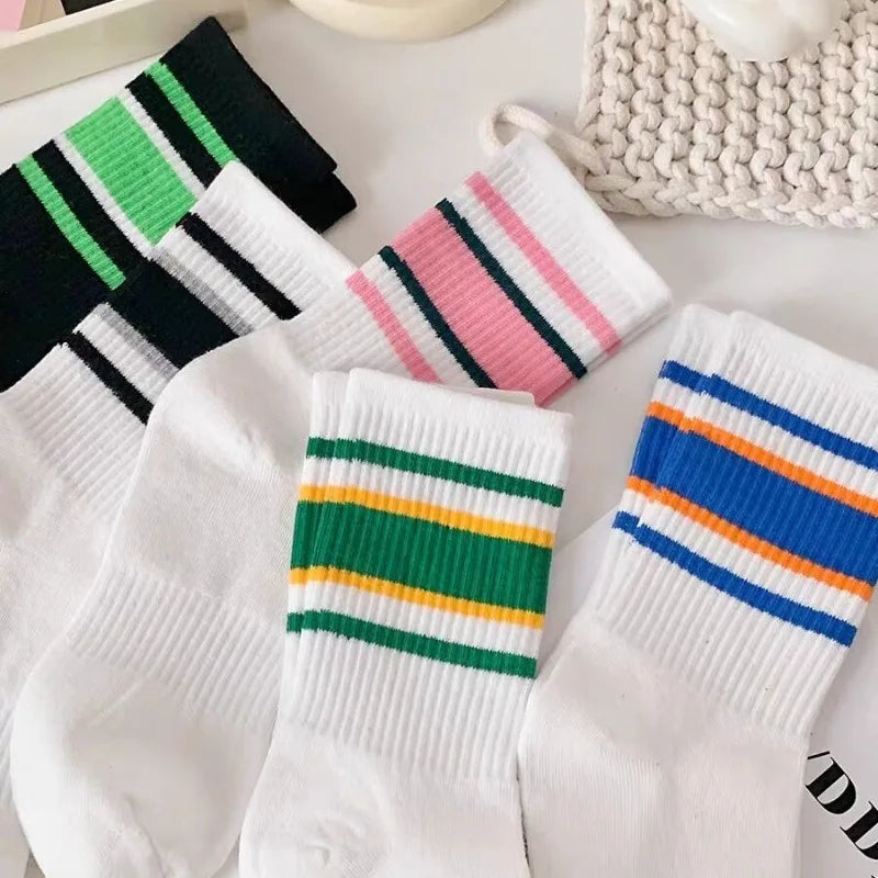 Striped Cotton Crew Socks Korean Streetwear Mid-Calf 10 Pairs