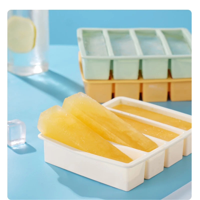 4 Grid Long Strip Square Ice-tray Food Grade Silicone Mold Home Reusable Rectangular Ice Tray Cube Ice Box With Lid or Lidless Peaceful Pleasures Health and Wellness