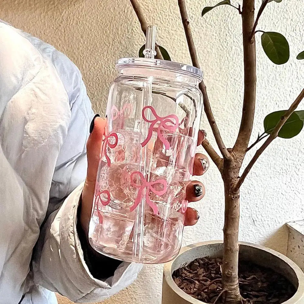 Pink Bow Transparent Plastic Tumbler with Straw | Hot & Cold