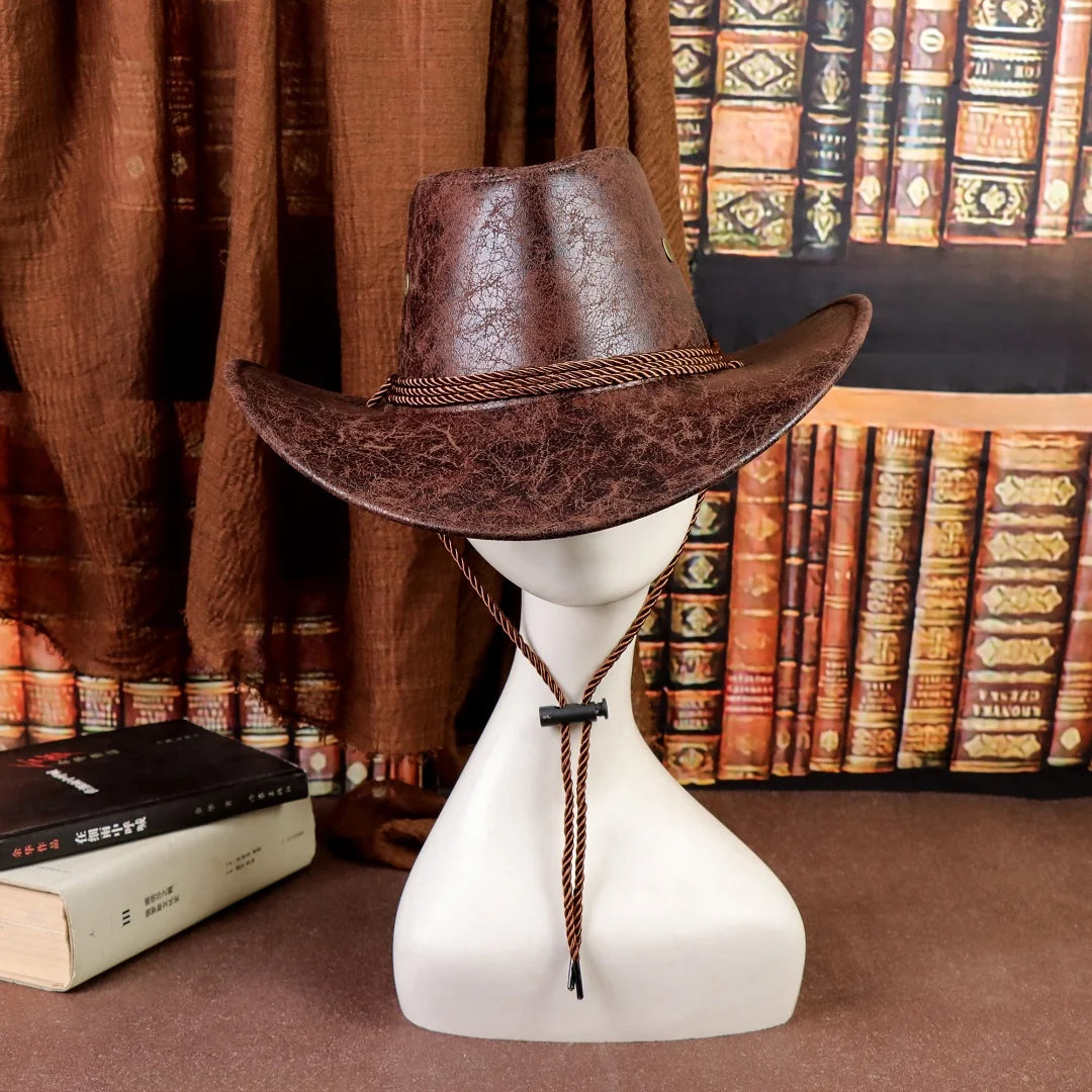 Vintage Faux Leather Big-edge Western Cowboy Hats Panama Gentleman