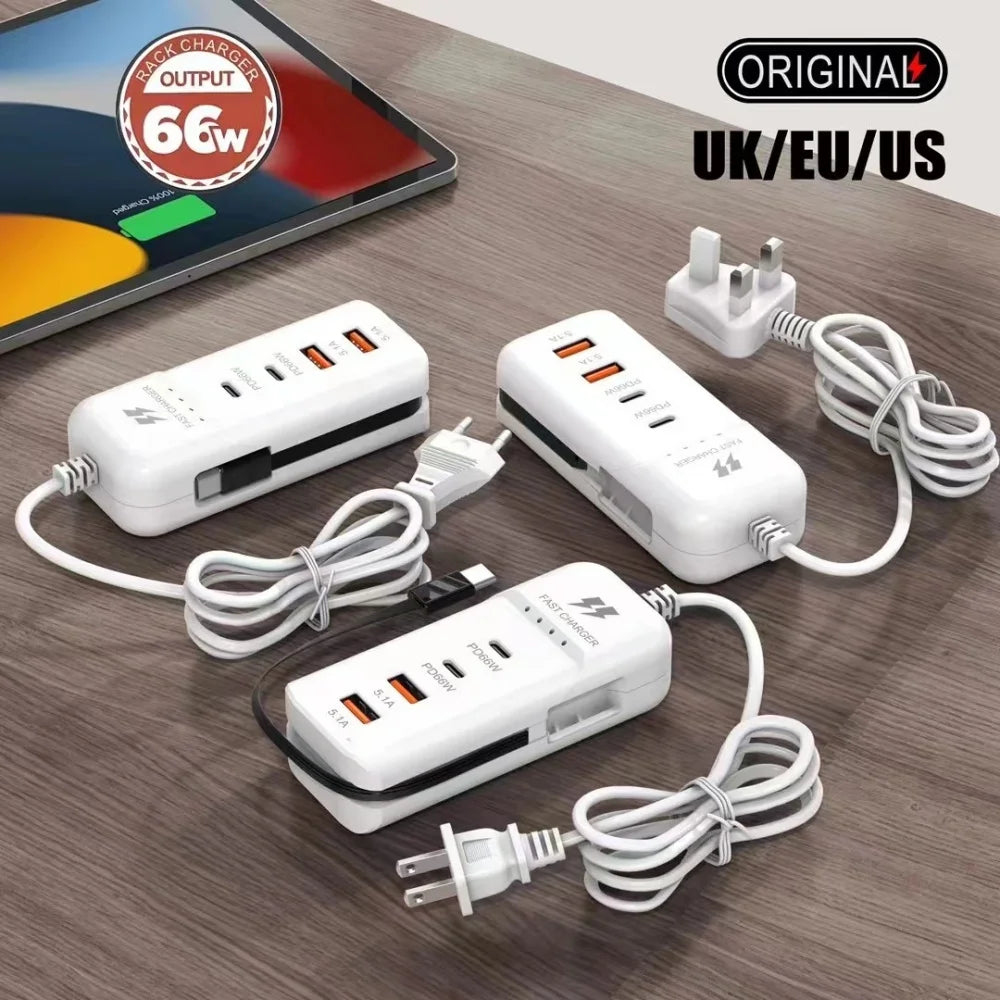 66W 4-Port USB-C PD Fast Charger | QC3.0 EU/US/UK Wall Adapter
