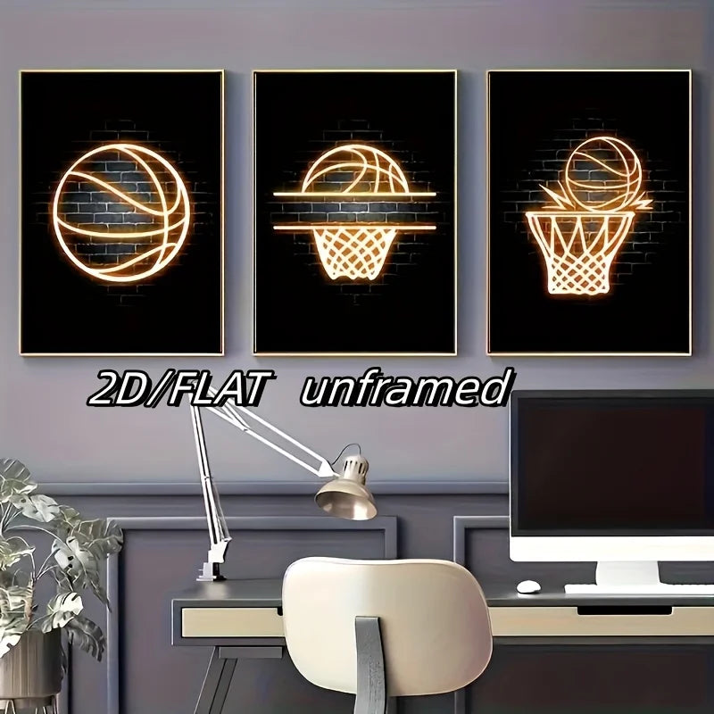 2D Flat, 3pcs Basketball Posters and Prints Wall Art, Modern Murals, Teenage Boys Room Decoration Picture, Frameless Peaceful Pleasures Health and Wellness