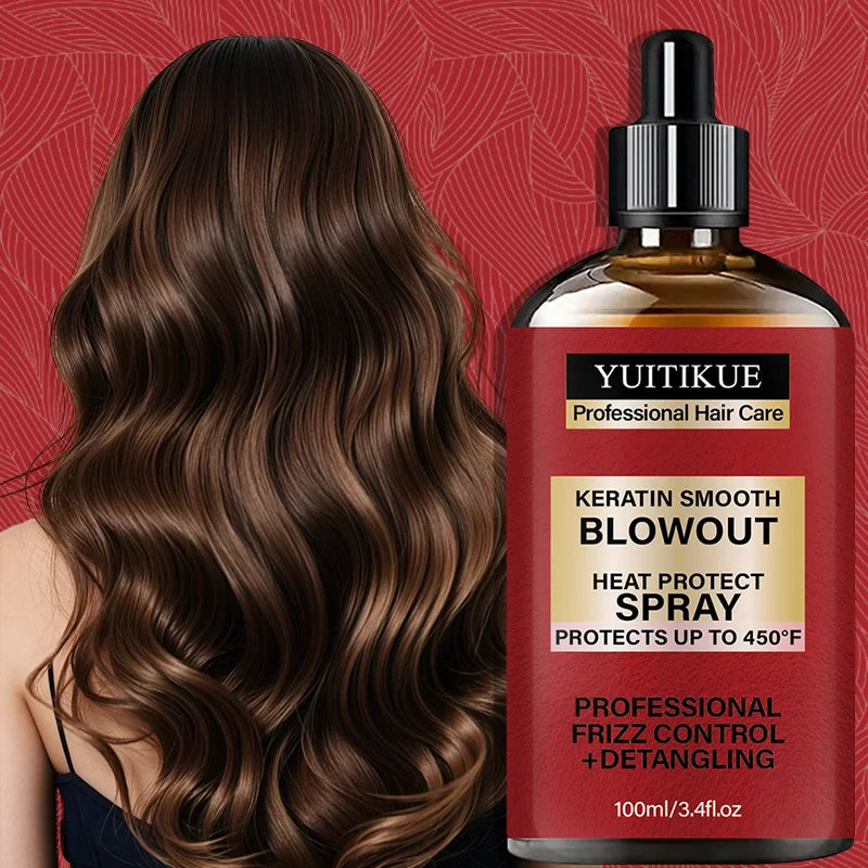 YUITIKUE Keratin Smooth Blowout Heat Protect Spray 100ml Up to 450°F Frizz Control Detangling Hair Care Peaceful Pleasures Health and Wellness