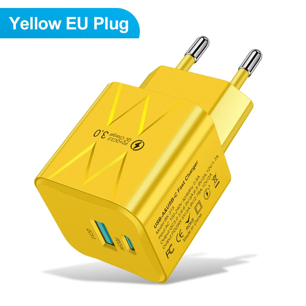 25W PD QC3.0 Dual Port Fast Charger USB-C Travel Adapter