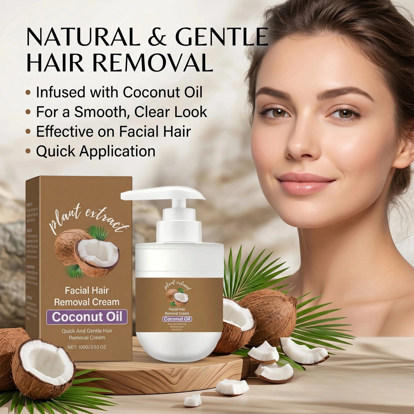 Coconut Oil Facial Hair Removal Cream 100g Painless Depilatory Cream for Face Upper Lip Chin Moisturizing Smoothing Hair Remover Peaceful Pleasures Health and Wellness
