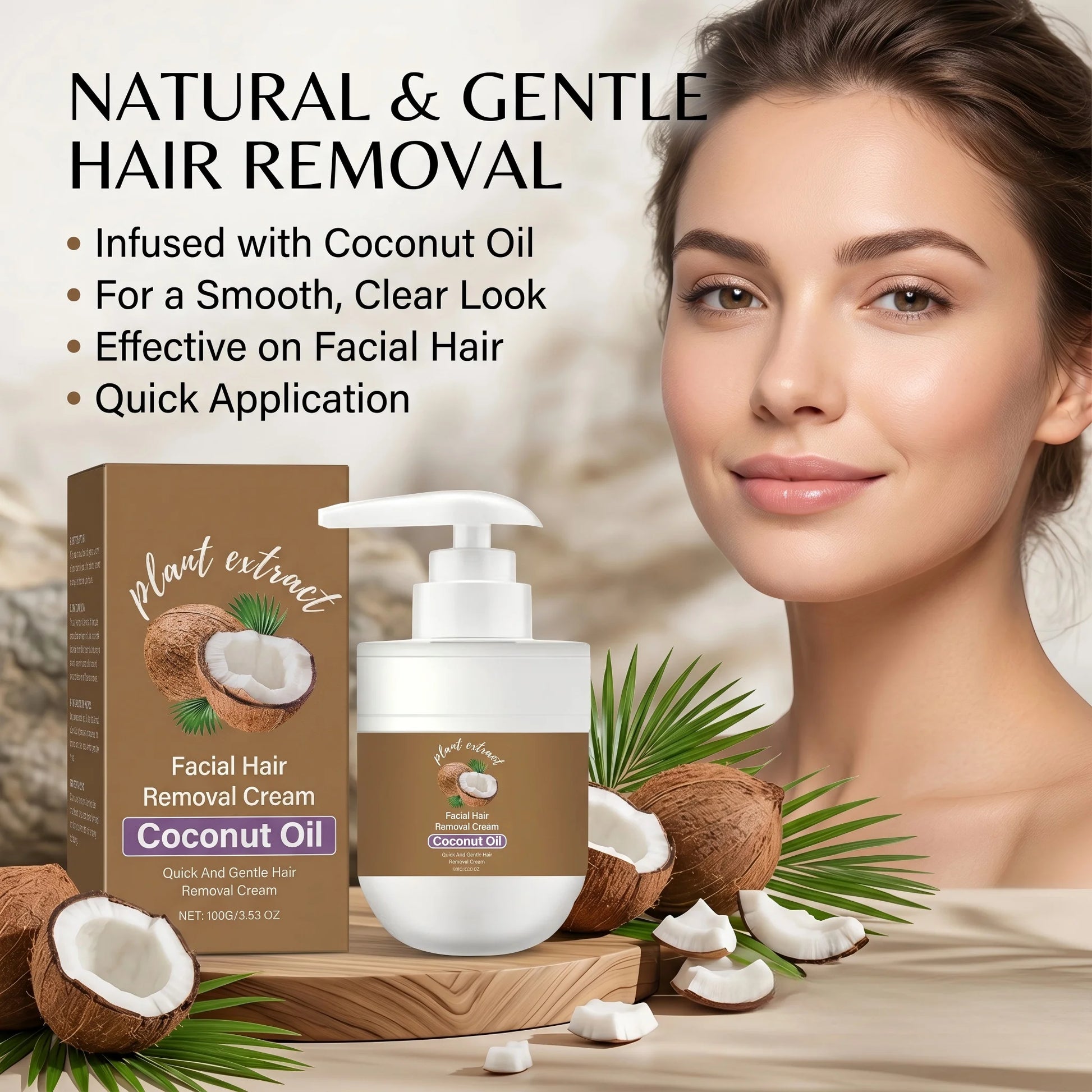 Coconut Oil Facial Hair Removal Cream 100g Painless Depilatory Cream for Face Upper Lip Chin Moisturizing Smoothing Hair Remover Peaceful Pleasures Health and Wellness