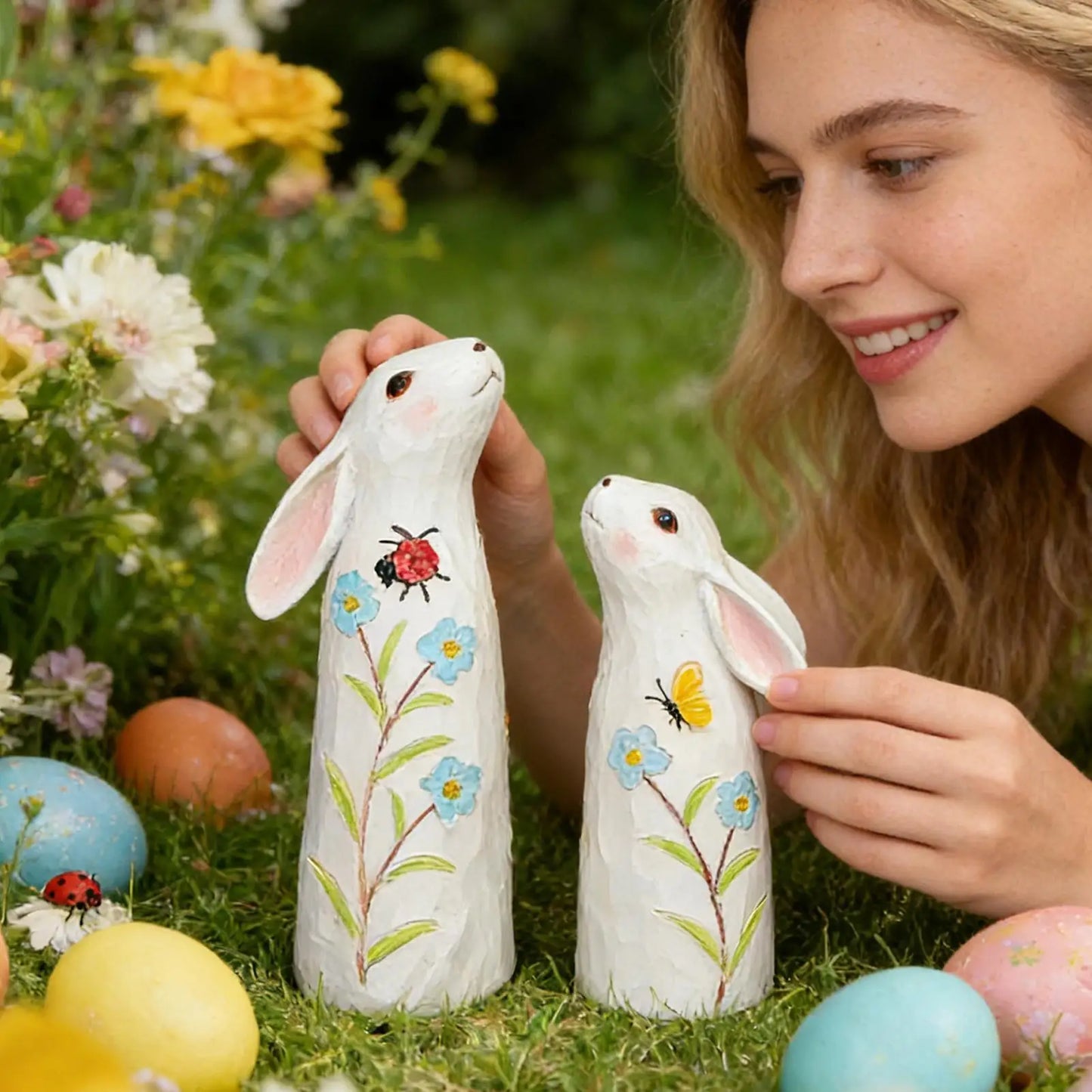 Easter Bunny Figurines Resin Seasonal Decoration Holiday Garden Sculpture for Bookcase Bookshelf Display Cabinet Dressing Table Peaceful Pleasures Health and Wellness