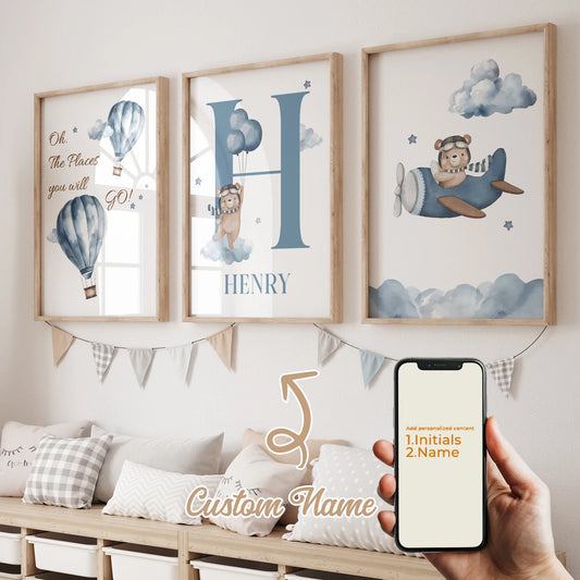 Personalized Blue Bear 3-Piece Canvas Wall Art | Kids Room Decor Canvas Wall Art Peaceful Pleasures Health and Wellness GA-CH304-3pcs 30x40cm Unframed