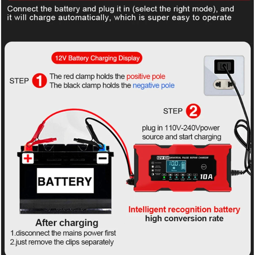 12V 10A Smart Battery Charger – LiFePO4, AGM, GEL & Lead Acid