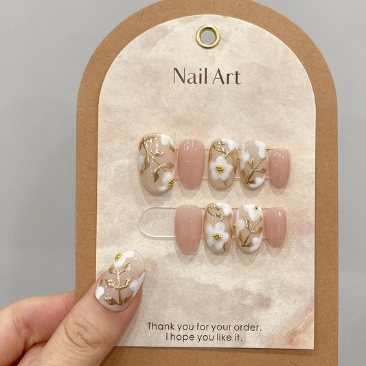 Handmade Press on Nails with White Flowers Glossy Pink Short Round False Nails Sweet Nude Pink Fake Nail Patches Women Wearable Peaceful Pleasures Health and Wellness