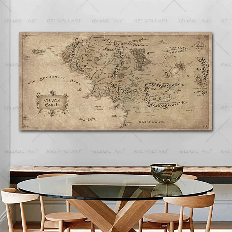 Map Canvas Painting Vintage Middle-earth Map Poster Movie Wall Art Pictures for Home Living Room Decor Unframed Pictures Peaceful Pleasures Health and Wellness