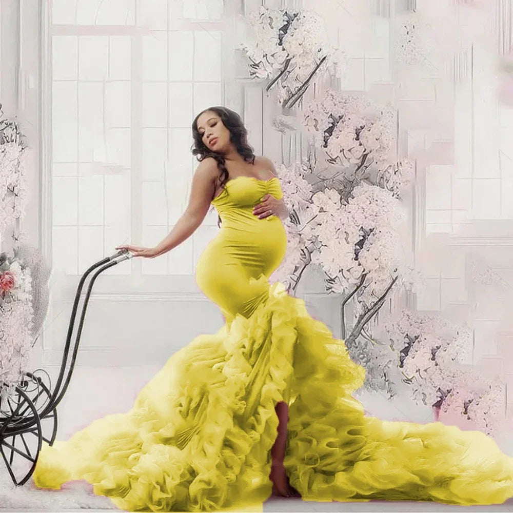 Luxury Mermaid Maternity Dress photoshoot Tulle Ruffles Front Split baby shower dresses for pregnant woman فساتين حوامل Peaceful Pleasures Health and Wellness
