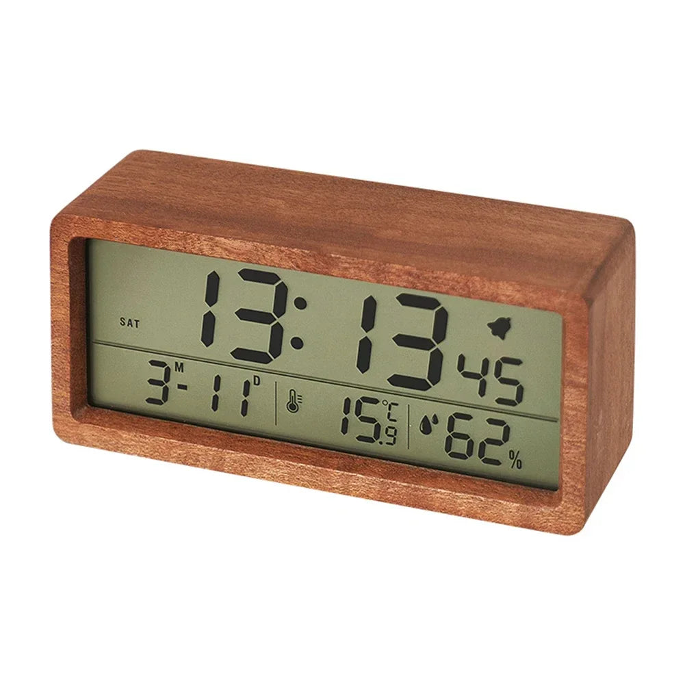 Wooden Digital Alarm Clock – Temp, Humidity & Date Display