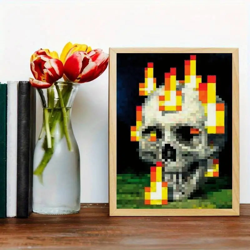 1pcs Vibrant Pixel Skull & Flames Canvas Poster - Unframed Art Print for Bedroom, Office, Living Room Decor, Skull Decor Peaceful Pleasures Health and Wellness