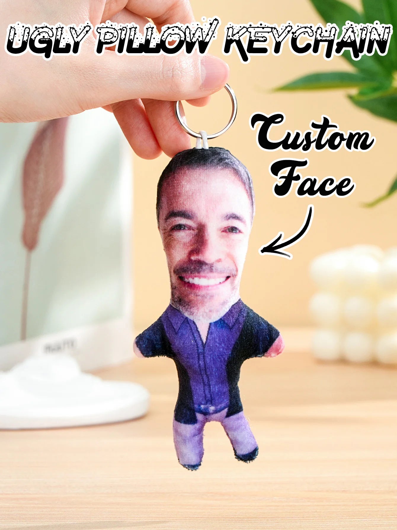 1pc Custom Face Pillow Keychain Funny Ugly Plush Keychain Custom Photo Keyring Gift For Friends Family Boyfriend Girlfriend Peaceful Pleasures Health and Wellness Style 6 6x12cm