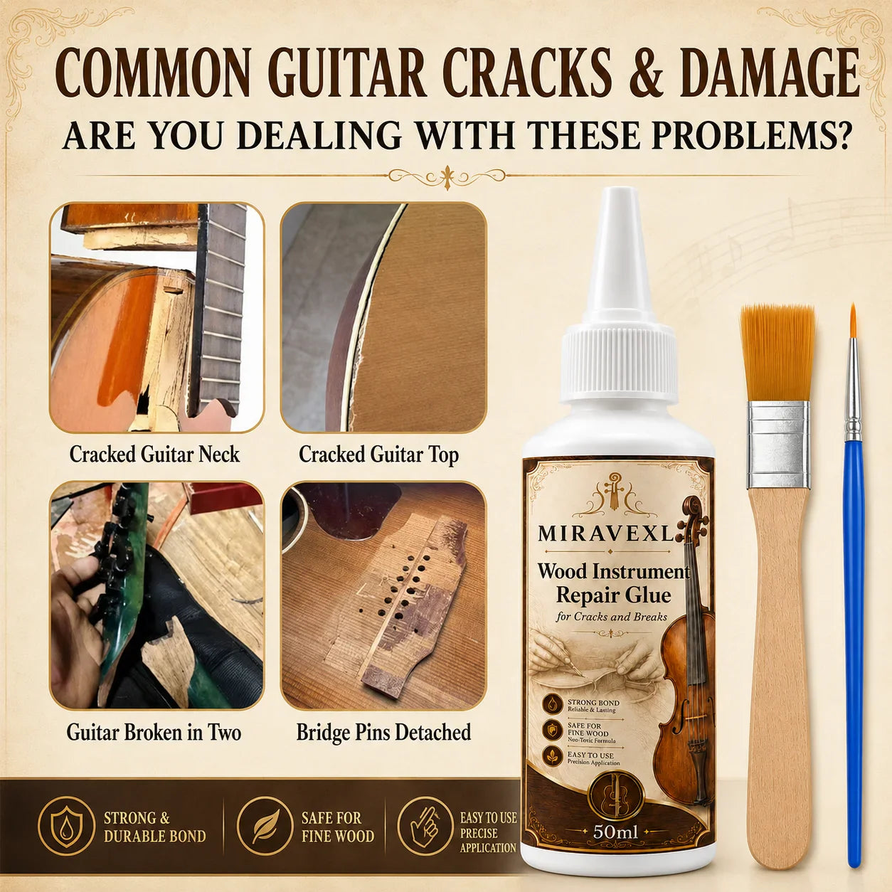 MIRAVEXL Wood Instrument Repair Glue 50ml Kit | Guitar Violin