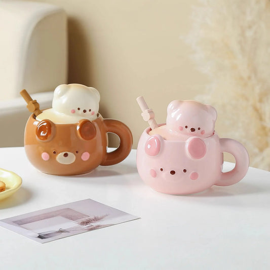 Bear Ceramic Mug with Lid – 450ml Cute Cartoon Cup Gift Ceramic Coffee Mug Peaceful Pleasures Health and Wellness