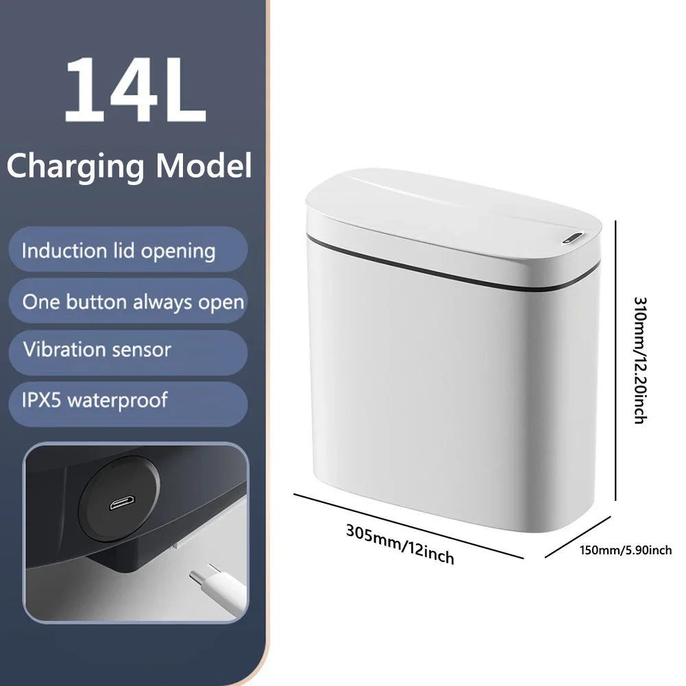 14L Smart Sensor Trash Can with Lid for Kitchen Toilet Bathroom Bins Waterproof Automatic Trash Can Quiet Touchless Wastebasket Peaceful Pleasures Health and Wellness White Charge
