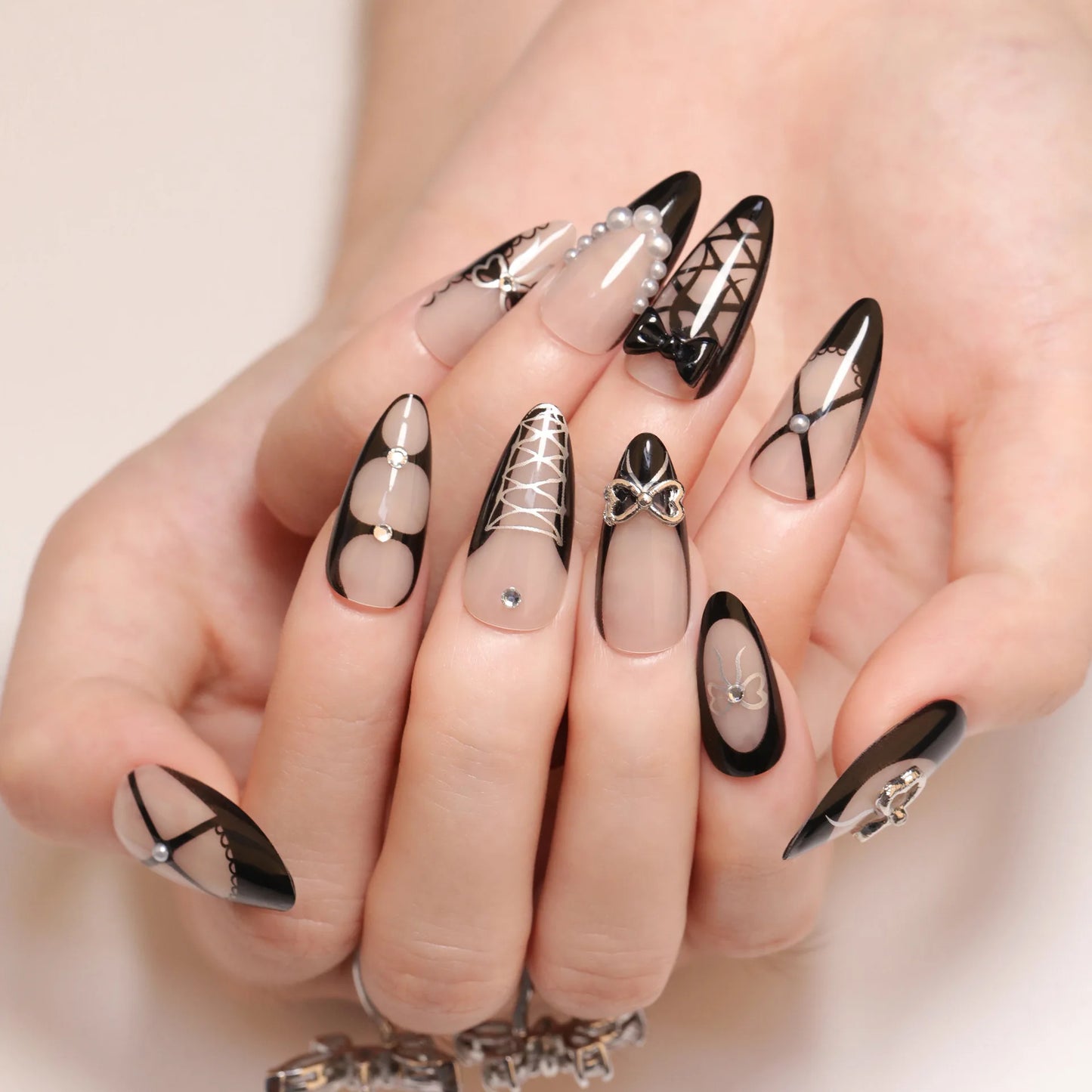 Handmade Press on Nails French 3D Black Bow False Nails Full Cover Wearable Spice Girls Sweet Cool Almond Shape Fake Nail Tips Peaceful Pleasures Health and Wellness