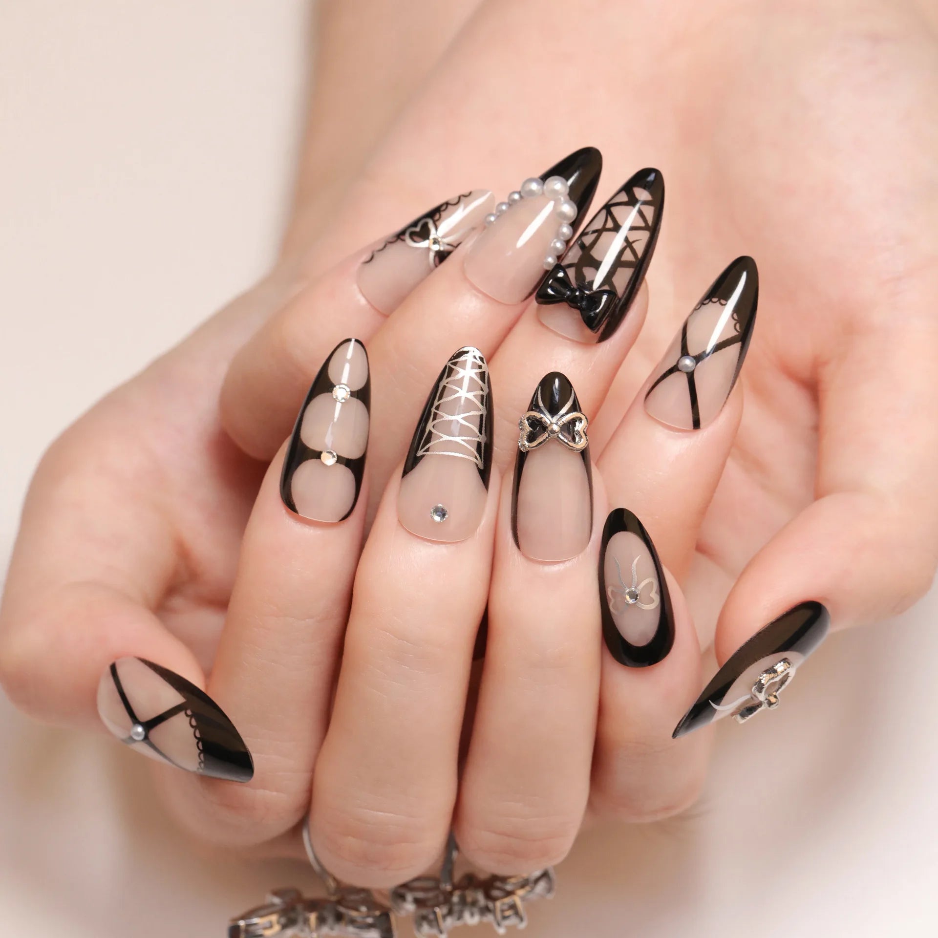 Handmade Press on Nails French 3D Black Bow False Nails Full Cover Wearable Spice Girls Sweet Cool Almond Shape Fake Nail Tips Peaceful Pleasures Health and Wellness