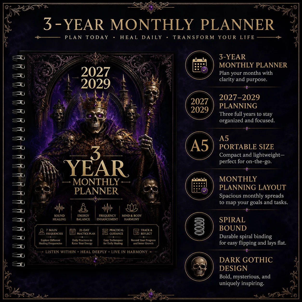 English Title Gothic Skull King 3-Year Monthly Planner 2027 2029 A5