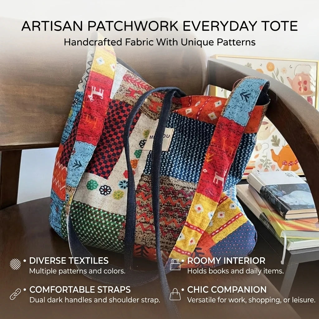 Double-Sided Bohemian Denim Canvas Tote Bag Vintage Contrast Color Commuter Handbag For Women Peaceful Pleasures Health and Wellness