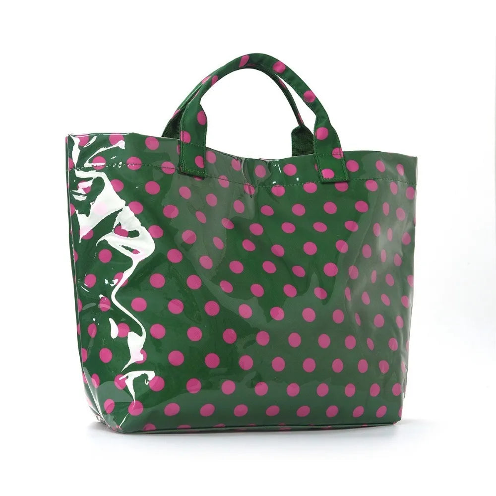 Large Polka Dot PVC Tote Bag – Waterproof Beach & Travel Handbag Waterproof Tote Bag Peaceful Pleasures Health and Wellness Dark Green Pink