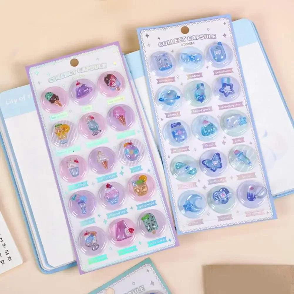 Creative 3D Capsule Embossed Crystal Sticker Kawaii 3D Relief Stickers Scrapbooking DIY Journal Cute Stationery School Sticker Peaceful Pleasures Health and Wellness
