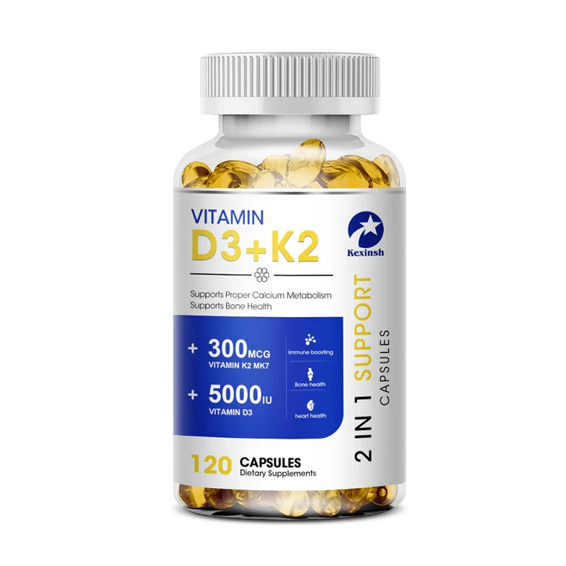 Kexinsh Vitamin D3K2 Capsules 5000iu Vitamin D3 300mcg K2 Support Teeth Bone Heart Health Joint Health Peaceful Pleasures Health and Wellness 120 counts