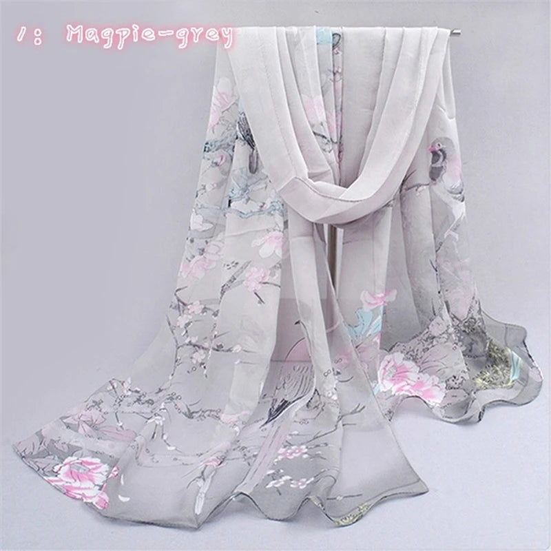 Women Chiffon Scarf Fashion Leisure Butterflies Branch Pattern Long Shawl Versatile Elegant Minimalist Retro Female Scarves Peaceful Pleasures Health and Wellness Magpie Grey One Size