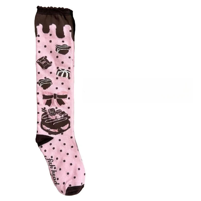 Original Qiaoqiao Cake knee-high calf socks Chocolate Chip Cookie cake cotton socks LOLITA lace socks calf women socks Peaceful Pleasures Health and Wellness pink One Size