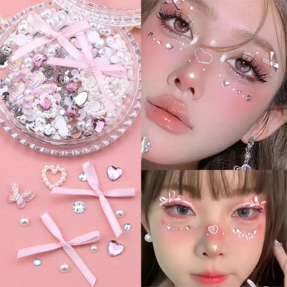 3D Pink Silk Bows Glitter Face Gem Stickers Music Festival DIY Eyes Makeups Face Jewels Stickers Diamond Stickers Peaceful Pleasures Health and Wellness