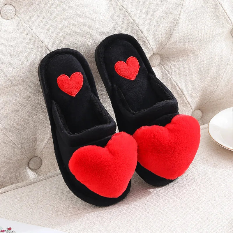 Women's Plush Heart Slippers – Warm Non-Slip Indoor House Shoes