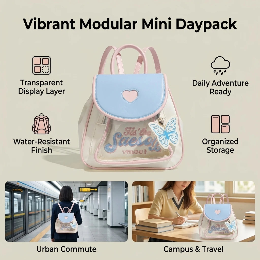 Dopamine Color Backpack for Girls Modular Design School Commute Travel Bag with Transparent Layer Peaceful Pleasures Health and Wellness