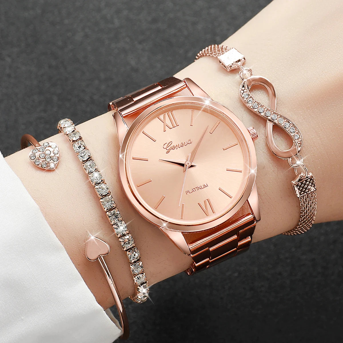 4PCS/Set Fashion Rhinestone Women Watches Luxury Steel Band Ladies Quartz Watch Bracelets Set Reloj Mujer（Without Box） Peaceful Pleasures Health and Wellness C Rose Without Box