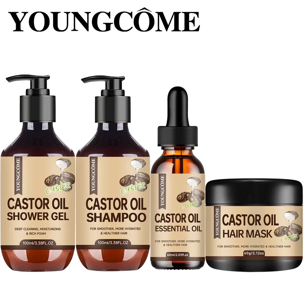 Castor Oil Hair Care Set – Shampoo, Oil, Mask & Shower Gel | 4-Pc