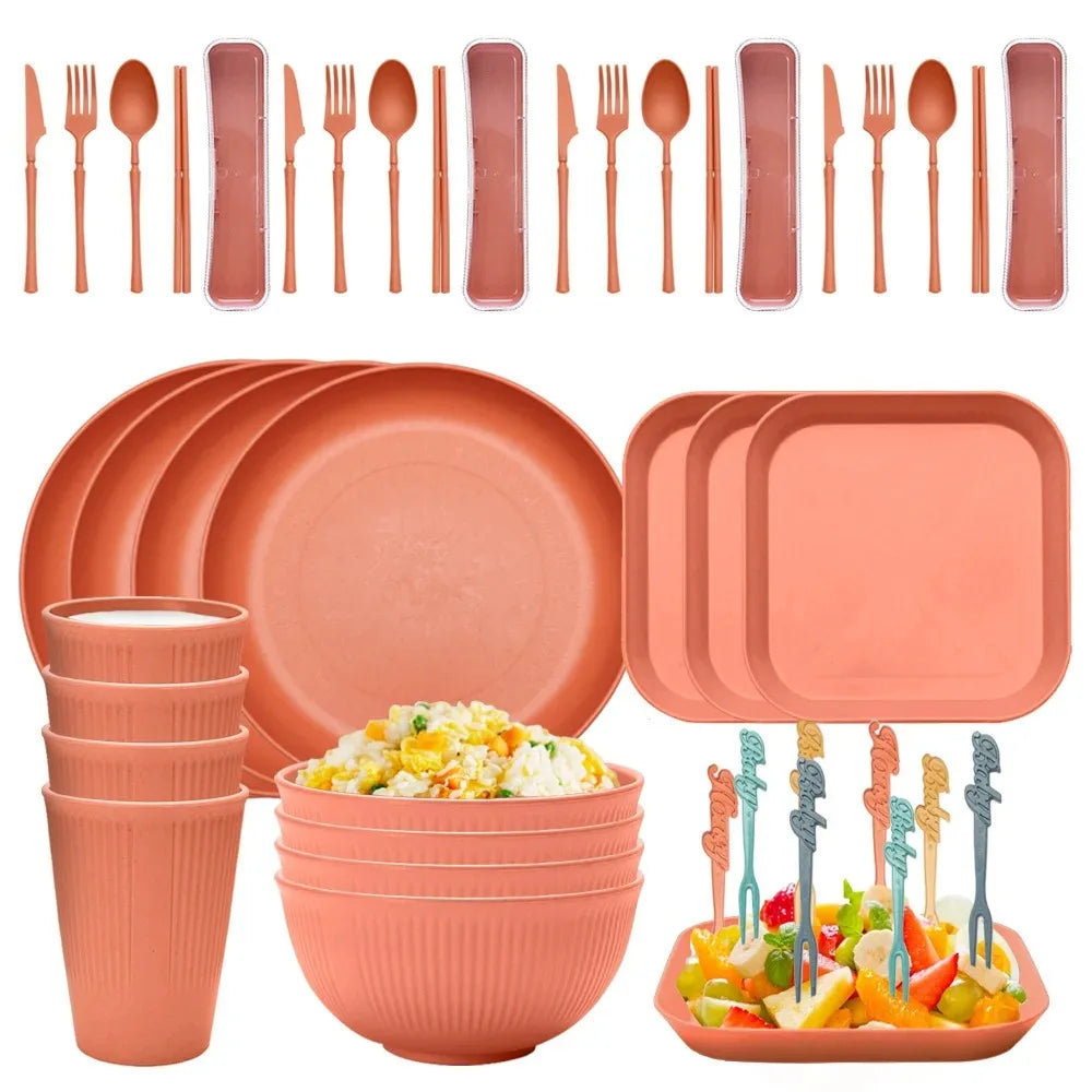 48-Piece Wheat Straw Eco-Friendly Dinnerware Set for 4 – BPA-Free Plates, Bowls, Mugs & Cutlery for Home & Camping