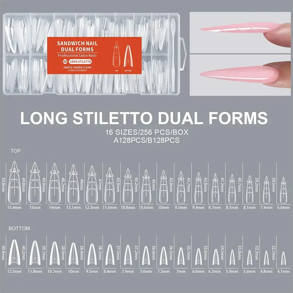 256Pcs/Box Sandwich Nail Dual Form Nail Tips Quickly Building Gel Form Nail System Full Cover Tips Nail Extension Form Kit Peaceful Pleasures Health and Wellness 256pcs-02