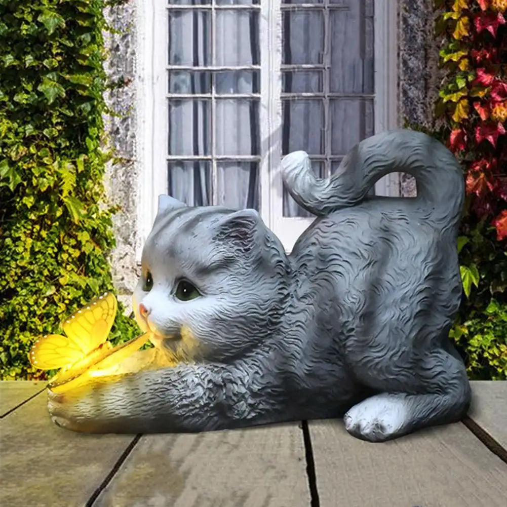Solar Cat Garden Statue with Butterfly Light | Yard Decor